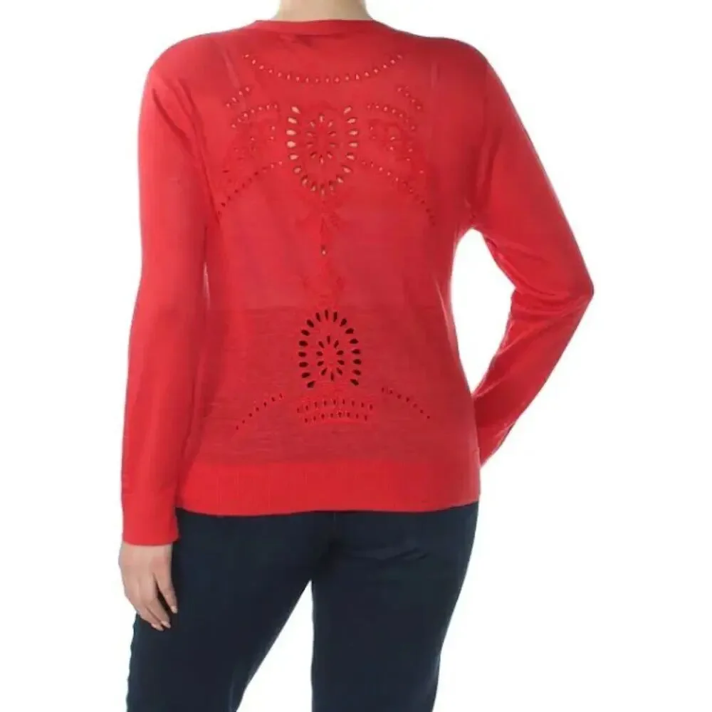 RALPH LAUREN Red Eyelet Back Long Sleeve Linen Cardigan Size XL